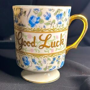 ENESCO VTG TaggedGilded Good Luck pedestal coffee mug. Made in Japan